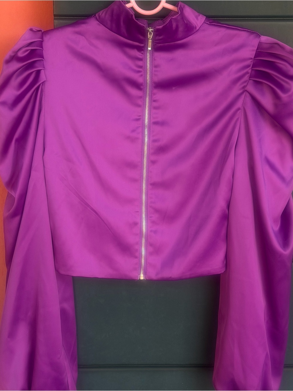 Satin Puff-Sleeve Crop Top Blouse in Vivid Purple - Picture 3 of 4